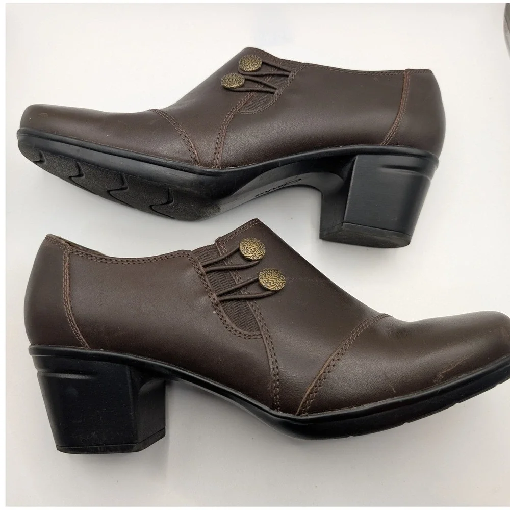 Clarks‎ Emslie Warren Shooties Brown Leather Ankle Booties Block Heel Size 9.5